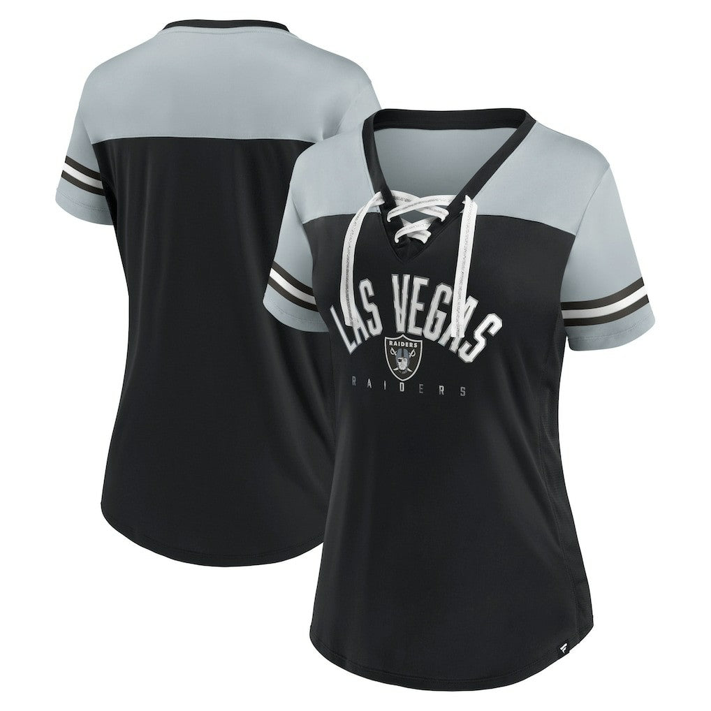 Las Vegas Raiders Women's Blitz & Glam Lace-Up V-Neck Jersey T-Shirt Black/Silver