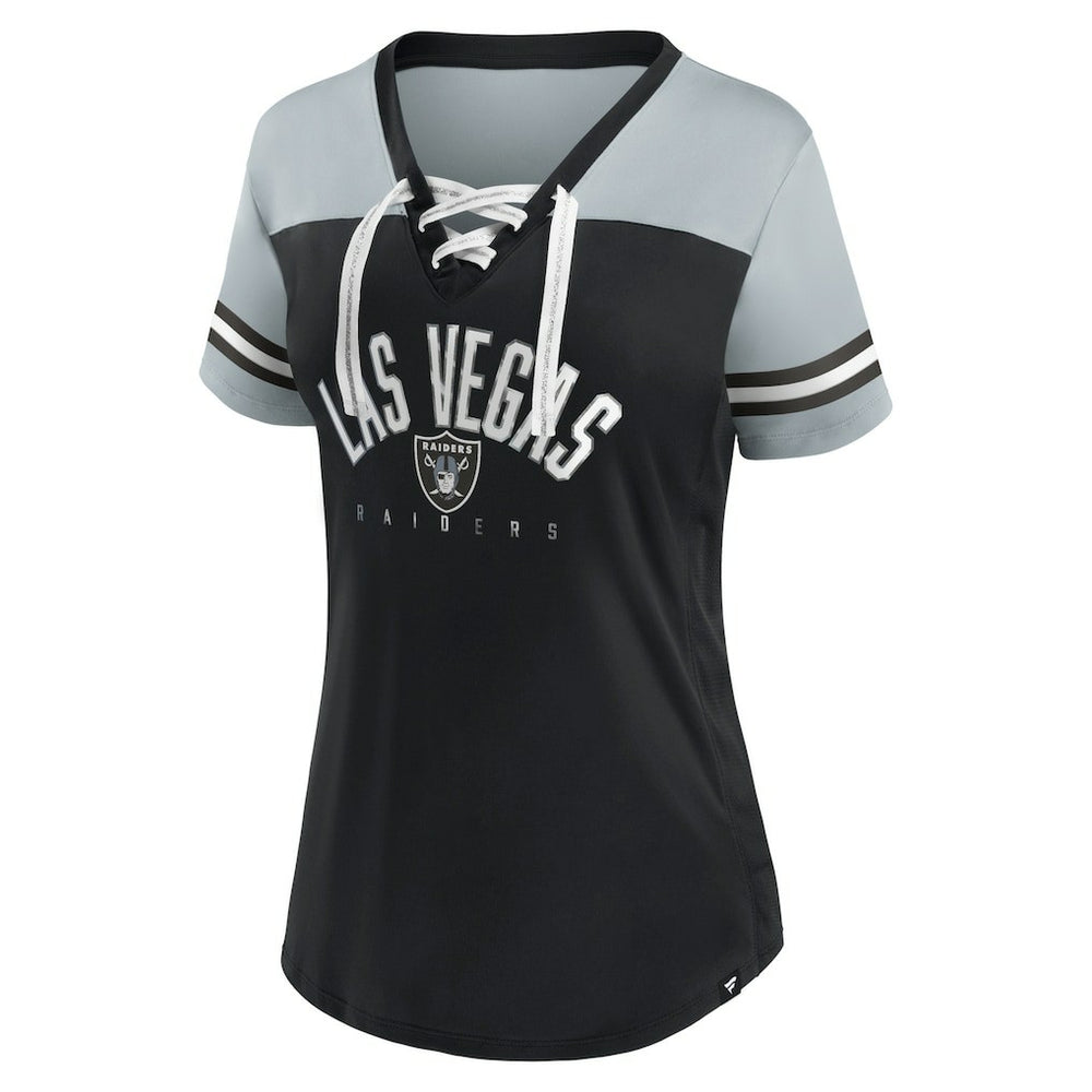 Las Vegas Raiders Women's Blitz & Glam Lace-Up V-Neck Jersey T-Shirt Black/Silver