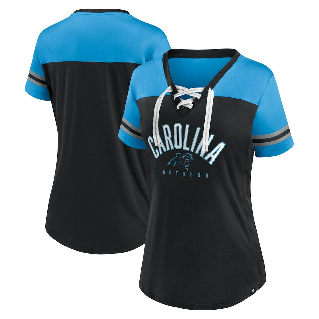 Carolina Panthers Women's Blitz & Glam Lace-Up V-Neck Jersey T-Shirt Black/Blue