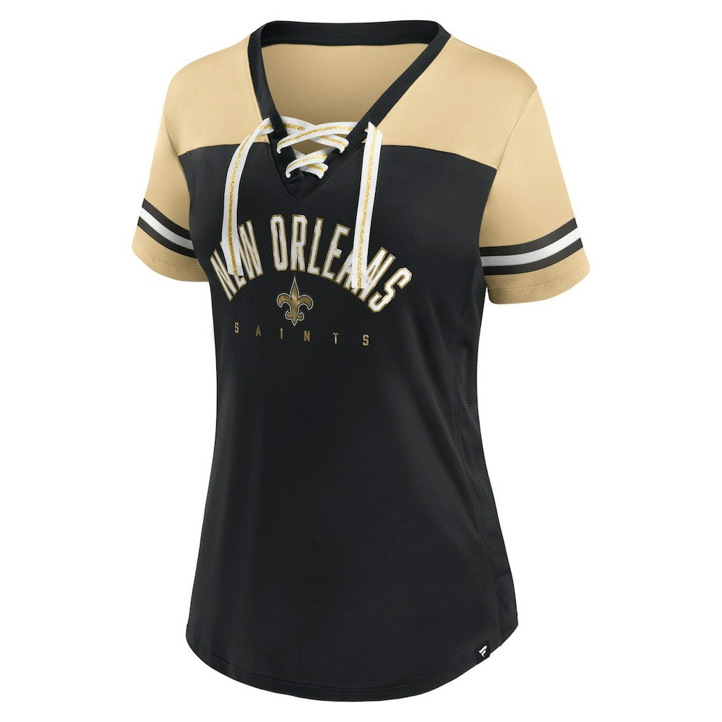 New Orleans Saints Women's Blitz & Glam Lace-Up V-Neck Jersey T-Shirt Black/Vegas Gold