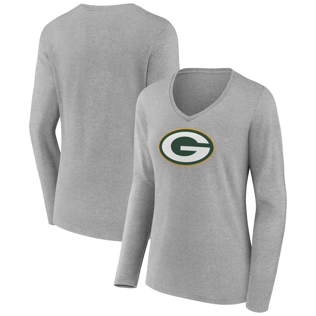 Green Bay Packers Women's Primary Team Logo Long Sleeve V-Neck T-Shirt Heather Gray