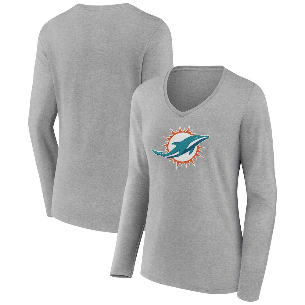 Miami Dolphins Women's Primary Team Logo Long Sleeve V-Neck T-Shirt Heather Gray
