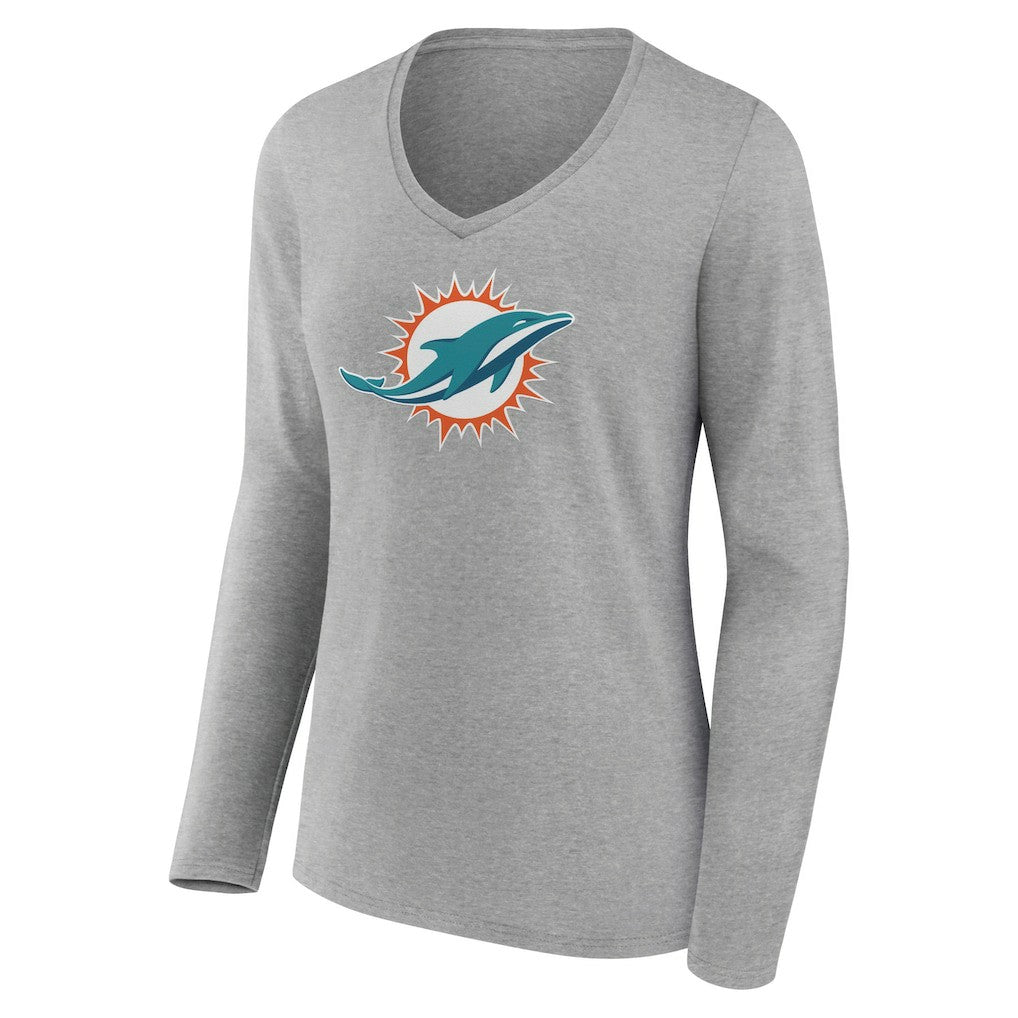 Miami Dolphins Women's Primary Team Logo Long Sleeve V-Neck T-Shirt Heather Gray