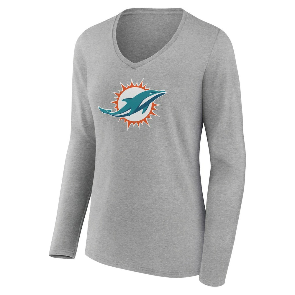 Miami Dolphins Women's Primary Team Logo Long Sleeve V-Neck T-Shirt Heather Gray
