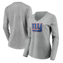 New York Giants Women's Primary Team Logo Long Sleeve V-Neck T-Shirt Heather Gray