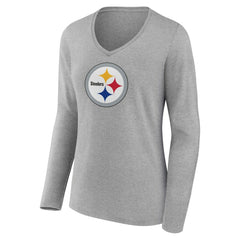 Pittsburgh Steelers Women's Primary Team Logo Long Sleeve V-Neck T-Shirt Heather Gray