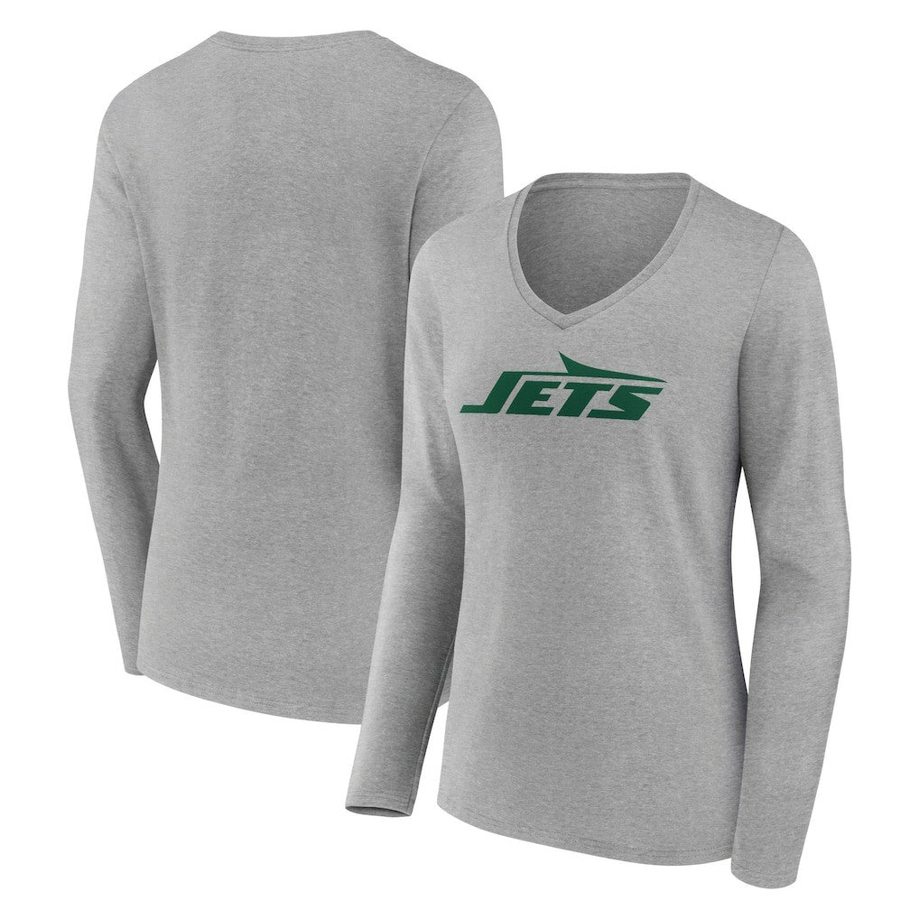 New York Jets Women's Primary Logo Long Sleeve V-Neck T-Shirt Gray