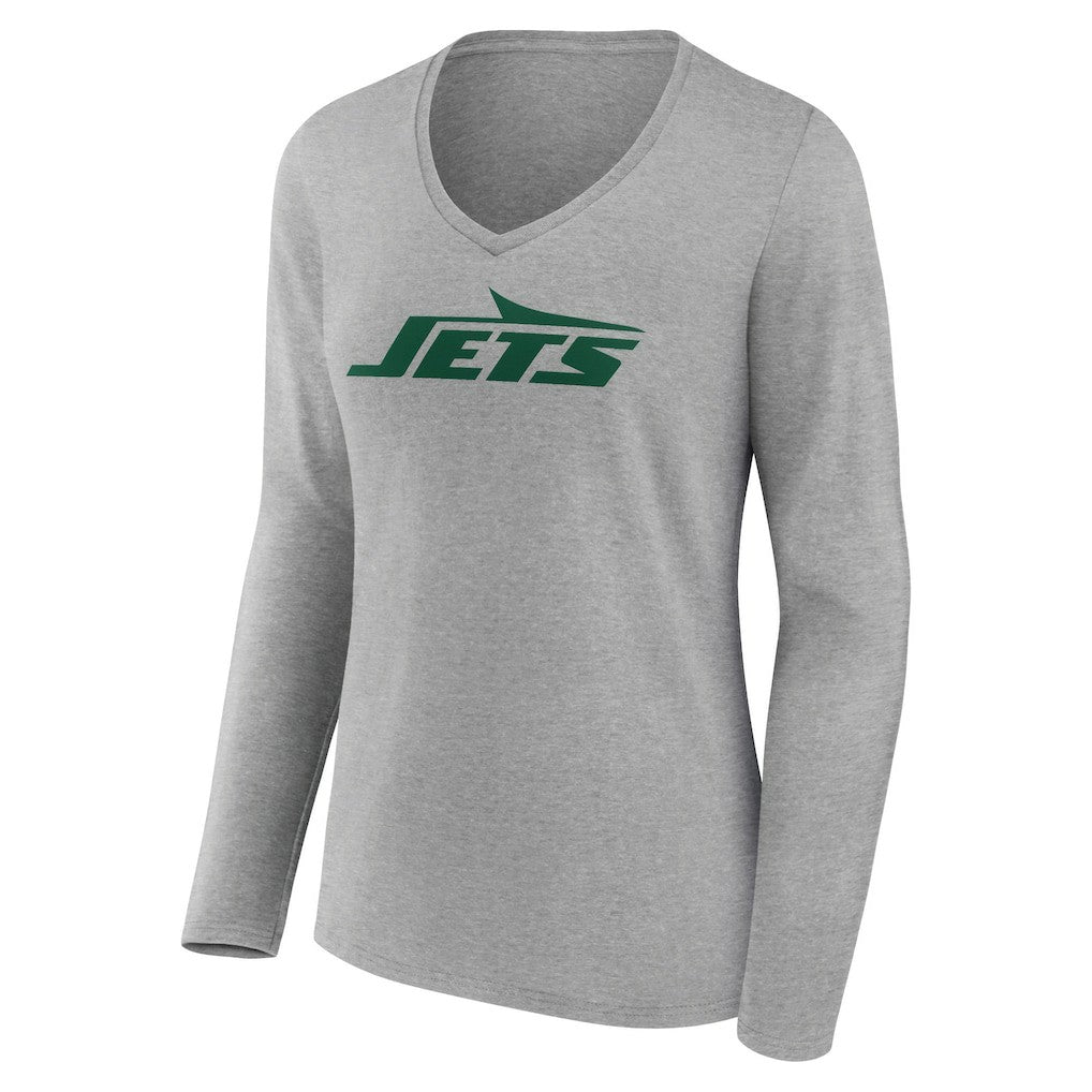 New York Jets Women's Primary Logo Long Sleeve V-Neck T-Shirt Gray