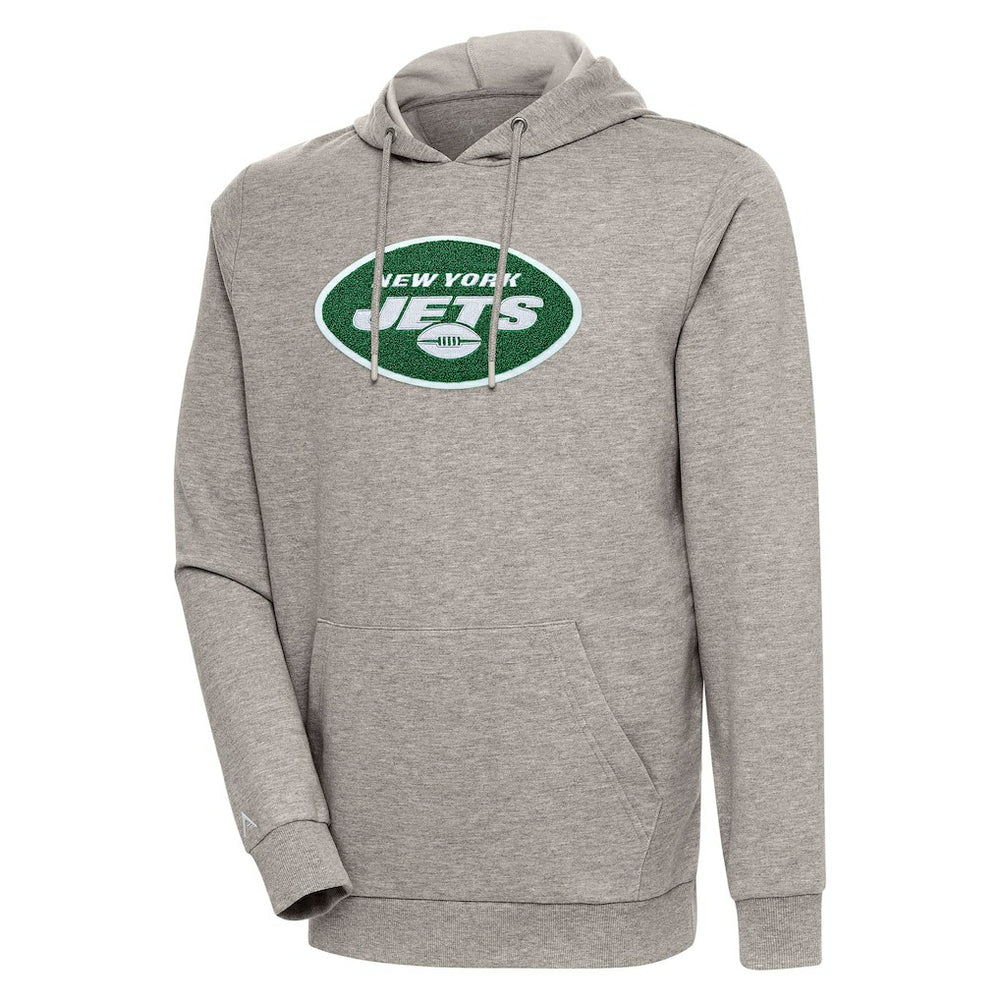 New York Jets Antigua Action Chenille Pullover Hoodie Oatmeal