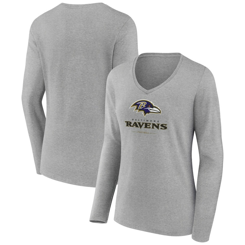 Baltimore Ravens Women's Logo Team Lockup Long Sleeve V-Neck T-Shirt Heather Gray