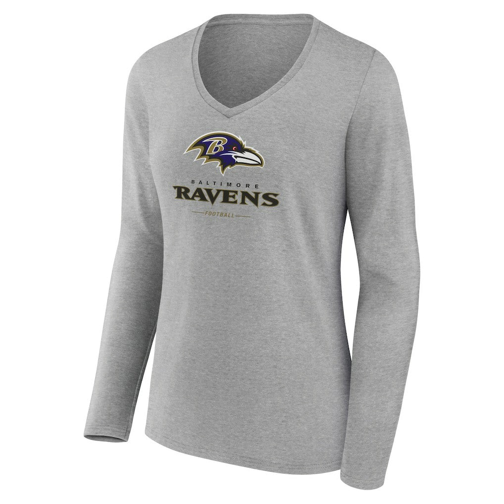 Baltimore Ravens Women's Logo Team Lockup Long Sleeve V-Neck T-Shirt Heather Gray