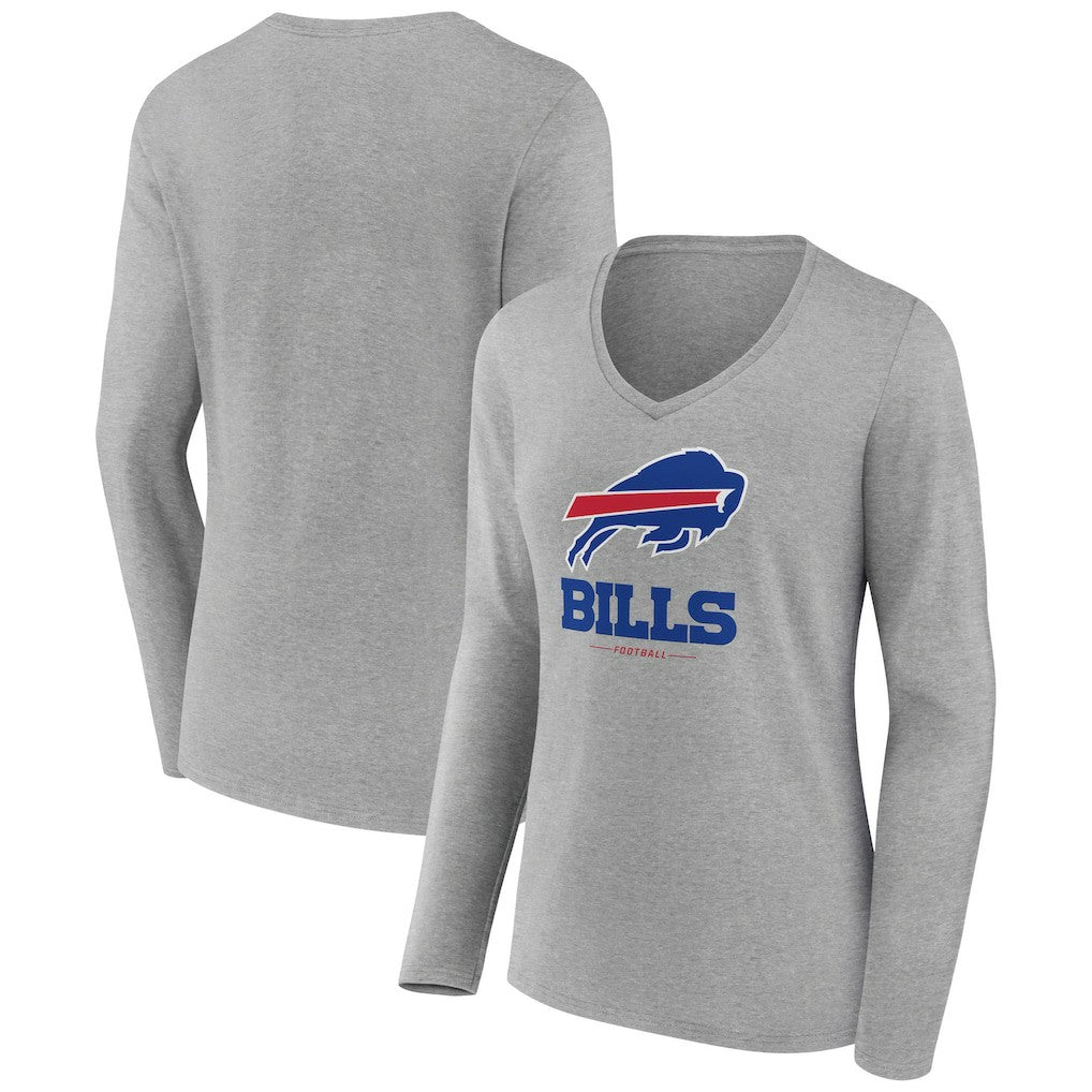 Buffalo Bills Women's Logo Team Lockup Long Sleeve V-Neck T-Shirt Heather Gray
