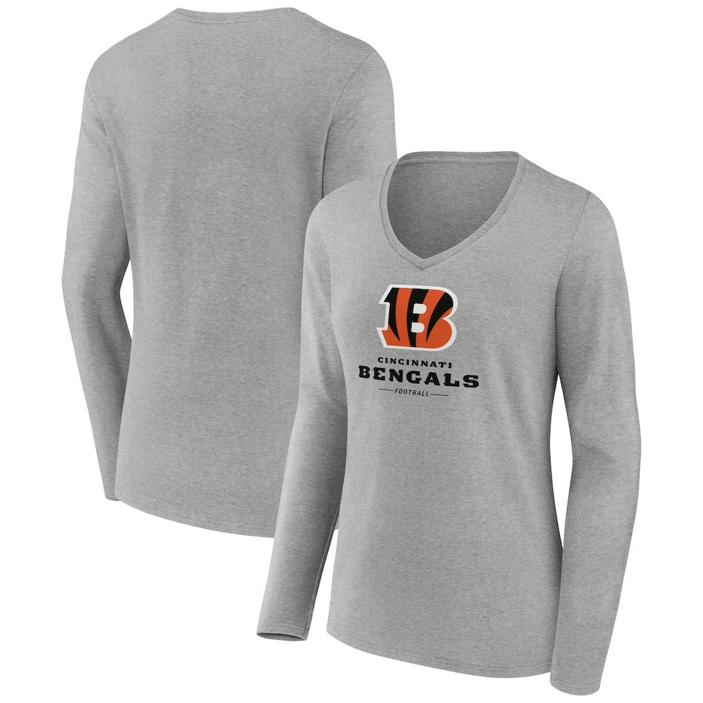 Cincinnati Bengals Women's Logo Team Lockup Long Sleeve V-Neck T-Shirt Heather Gray