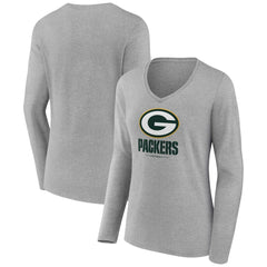 Green Bay Packers Women's Logo Team Lockup Long Sleeve V-Neck T-Shirt Heather Gray