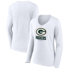 Green Bay Packers Women's Logo Team Lockup Long Sleeve V-Neck T-Shirt White