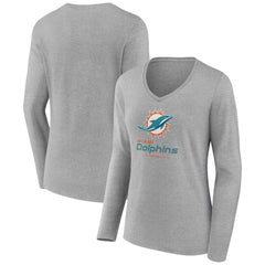 Miami Dolphins Women's Logo Team Lockup Long Sleeve V-Neck T-Shirt Heather Gray