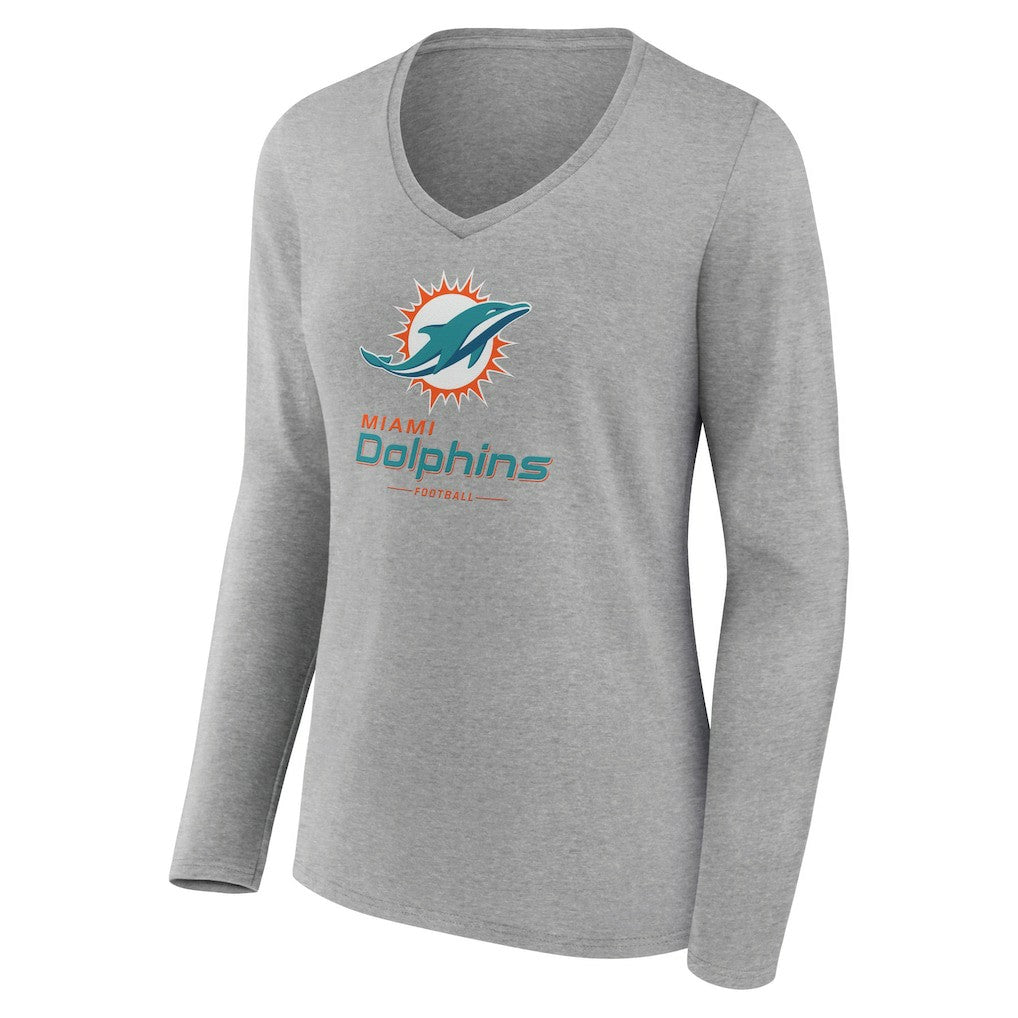 Miami Dolphins Women's Logo Team Lockup Long Sleeve V-Neck T-Shirt Heather Gray