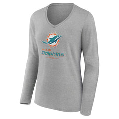 Miami Dolphins Women's Logo Team Lockup Long Sleeve V-Neck T-Shirt Heather Gray