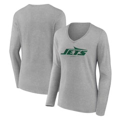 New York Jets Women's Logo Team Lockup Long Sleeve V-Neck T-Shirt Heather Gray