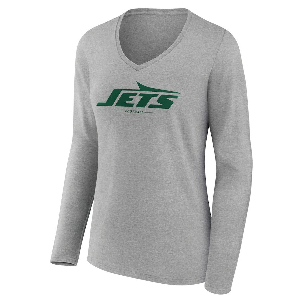New York Jets Women's Logo Team Lockup Long Sleeve V-Neck T-Shirt Heather Gray