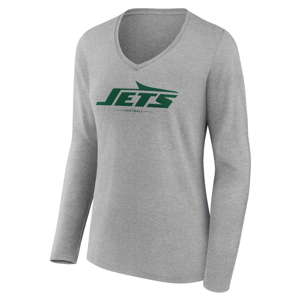 New York Jets Women's Logo Team Lockup Long Sleeve V-Neck T-Shirt Heather Gray