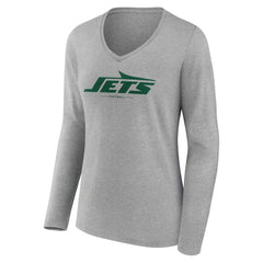 New York Jets Women's Logo Team Lockup Long Sleeve V-Neck T-Shirt Heather Gray