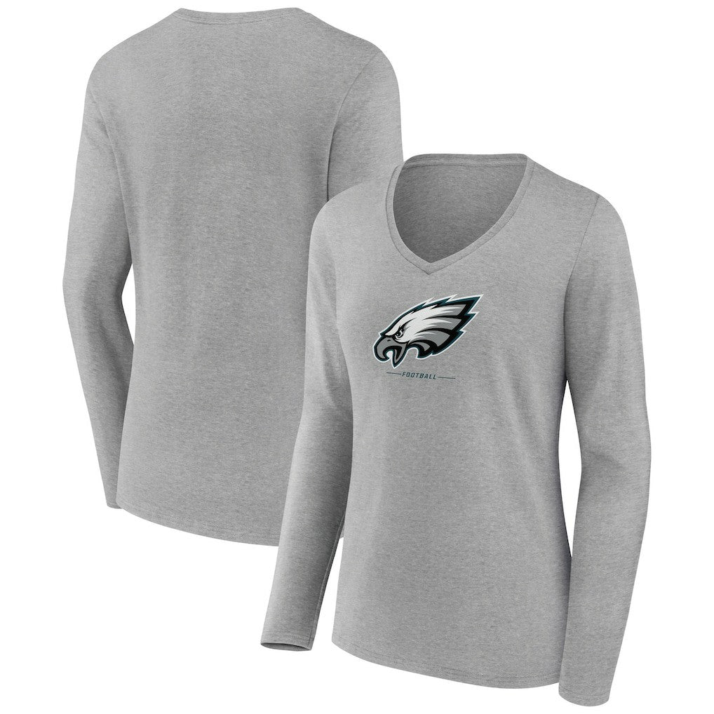 Philadelphia Eagles Women's Logo Team Lockup Long Sleeve V-Neck T-Shirt Heather Gray