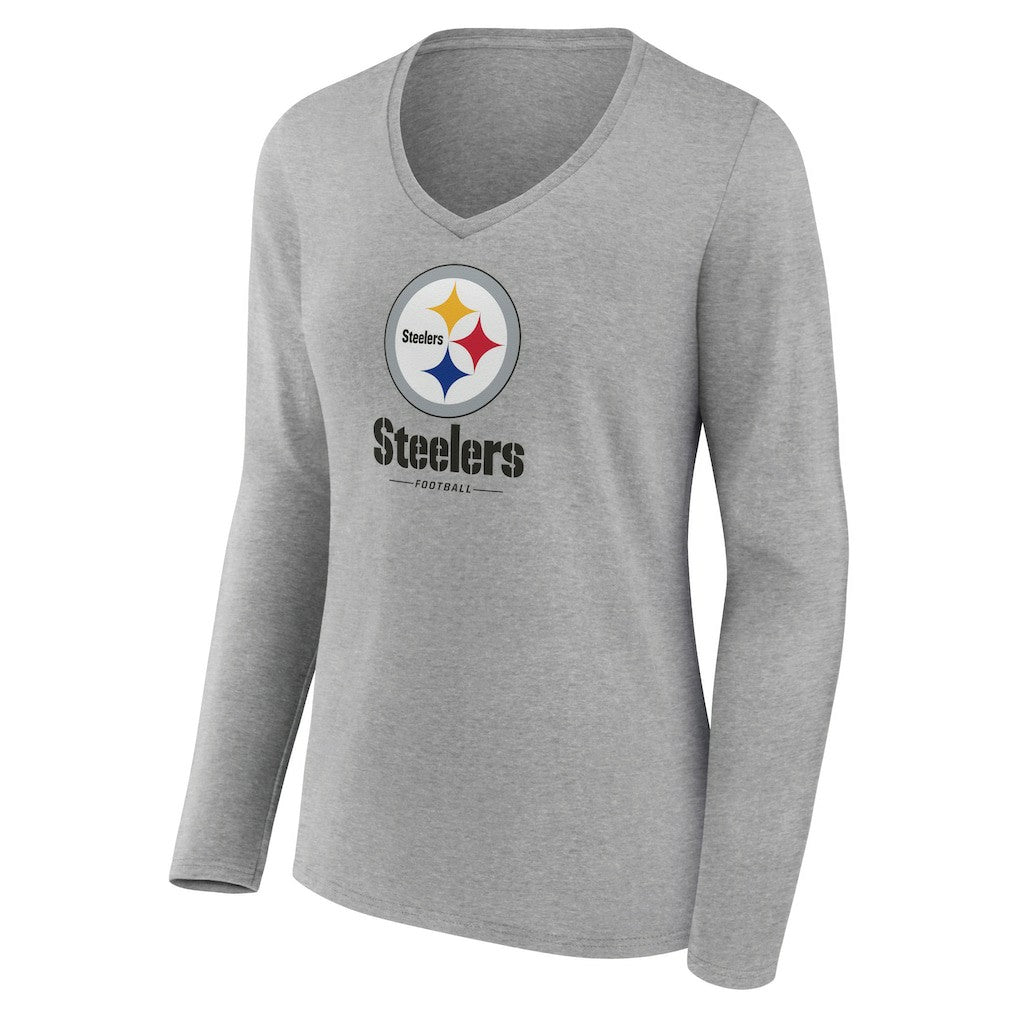 Pittsburgh Steelers Women's Logo Team Lockup Long Sleeve V-Neck T-Shirt Heather Gray