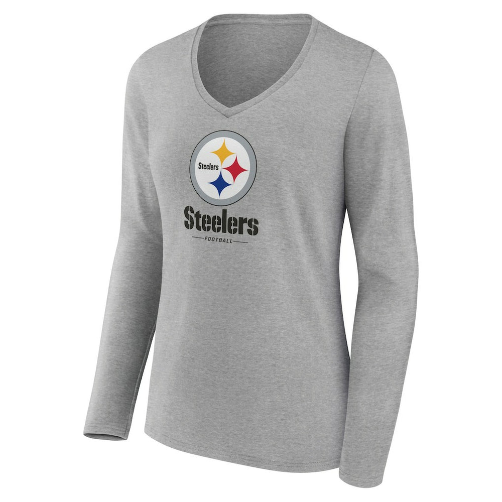 Pittsburgh Steelers Women's Logo Team Lockup Long Sleeve V-Neck T-Shirt Heather Gray