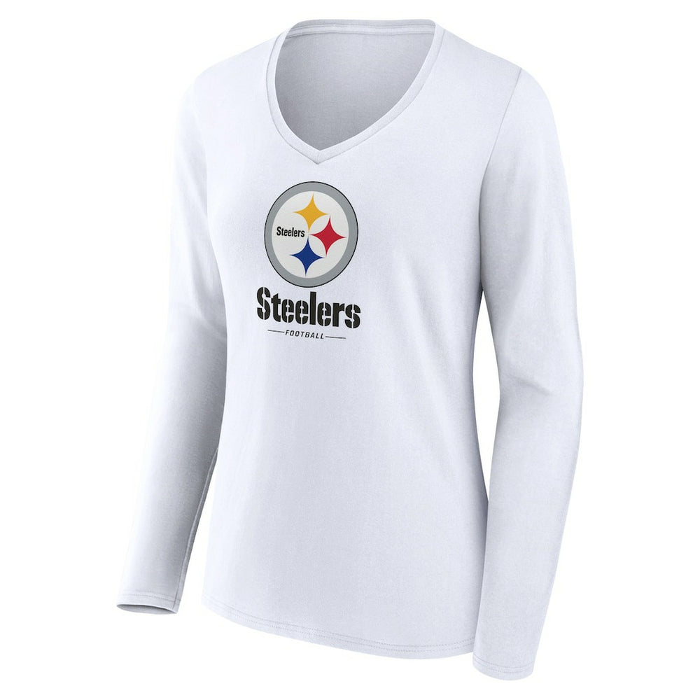 Pittsburgh Steelers Women's Logo Team Lockup Long Sleeve V-Neck T-Shirt White