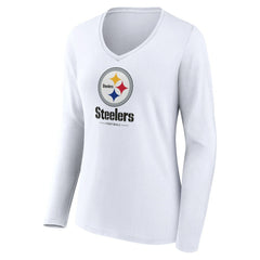 Pittsburgh Steelers Women's Logo Team Lockup Long Sleeve V-Neck T-Shirt White