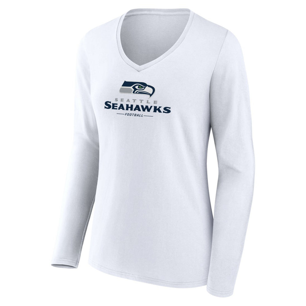 Seattle Seahawks Women's Logo Team Lockup Long Sleeve V-Neck T-Shirt White