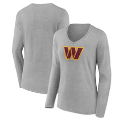 Washington Commanders Women's Logo Team Lockup Long Sleeve V-Neck T-Shirt Heather Gray