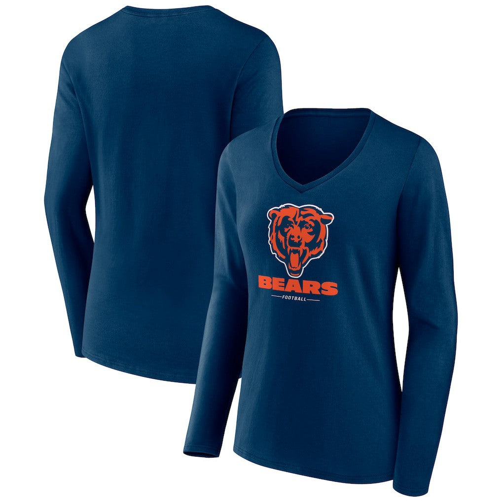 Chicago Bears Women's Logo Team Lockup Long Sleeve V-Neck T-Shirt Navy