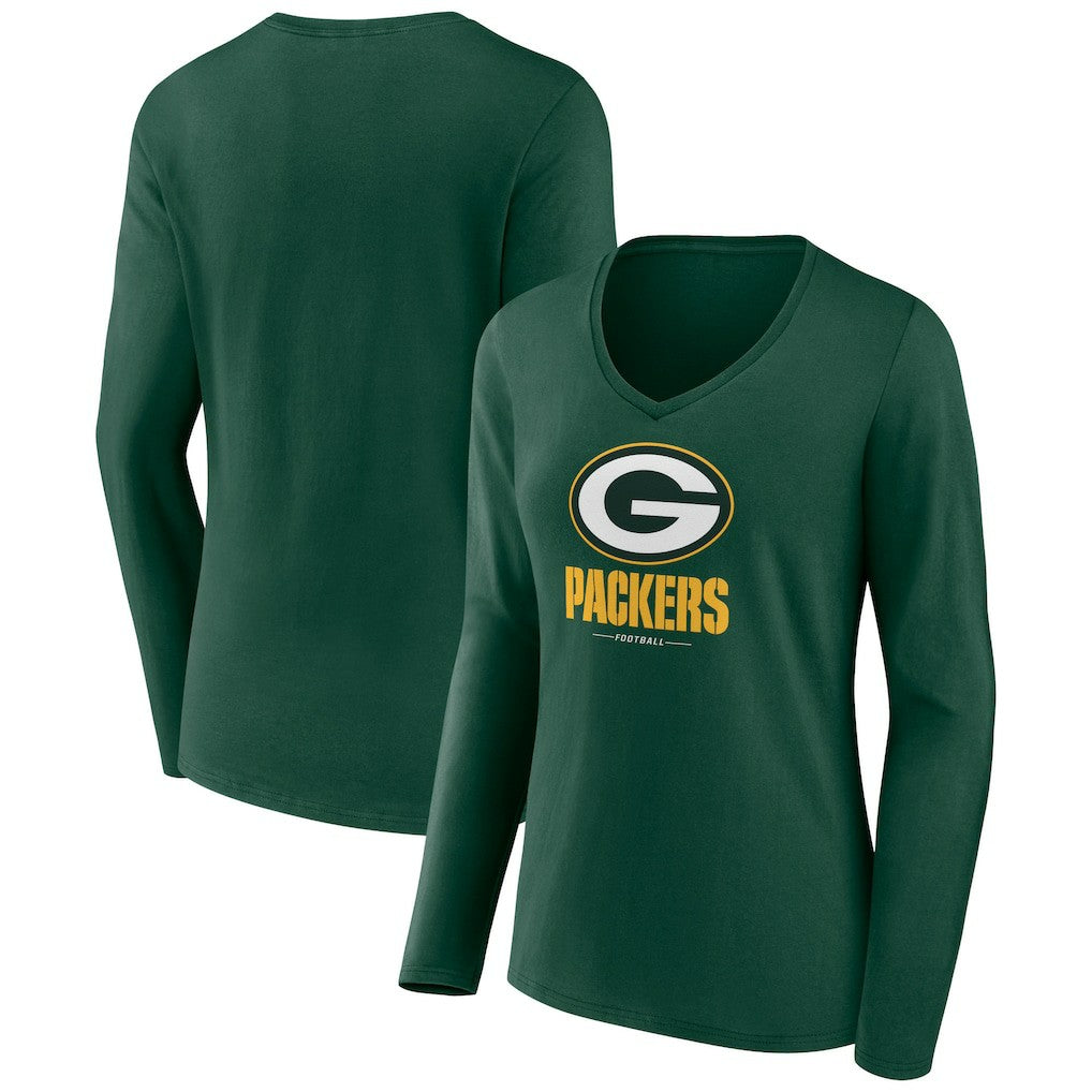 Green Bay Packers Women's Logo Team Lockup Long Sleeve V-Neck T-Shirt Green