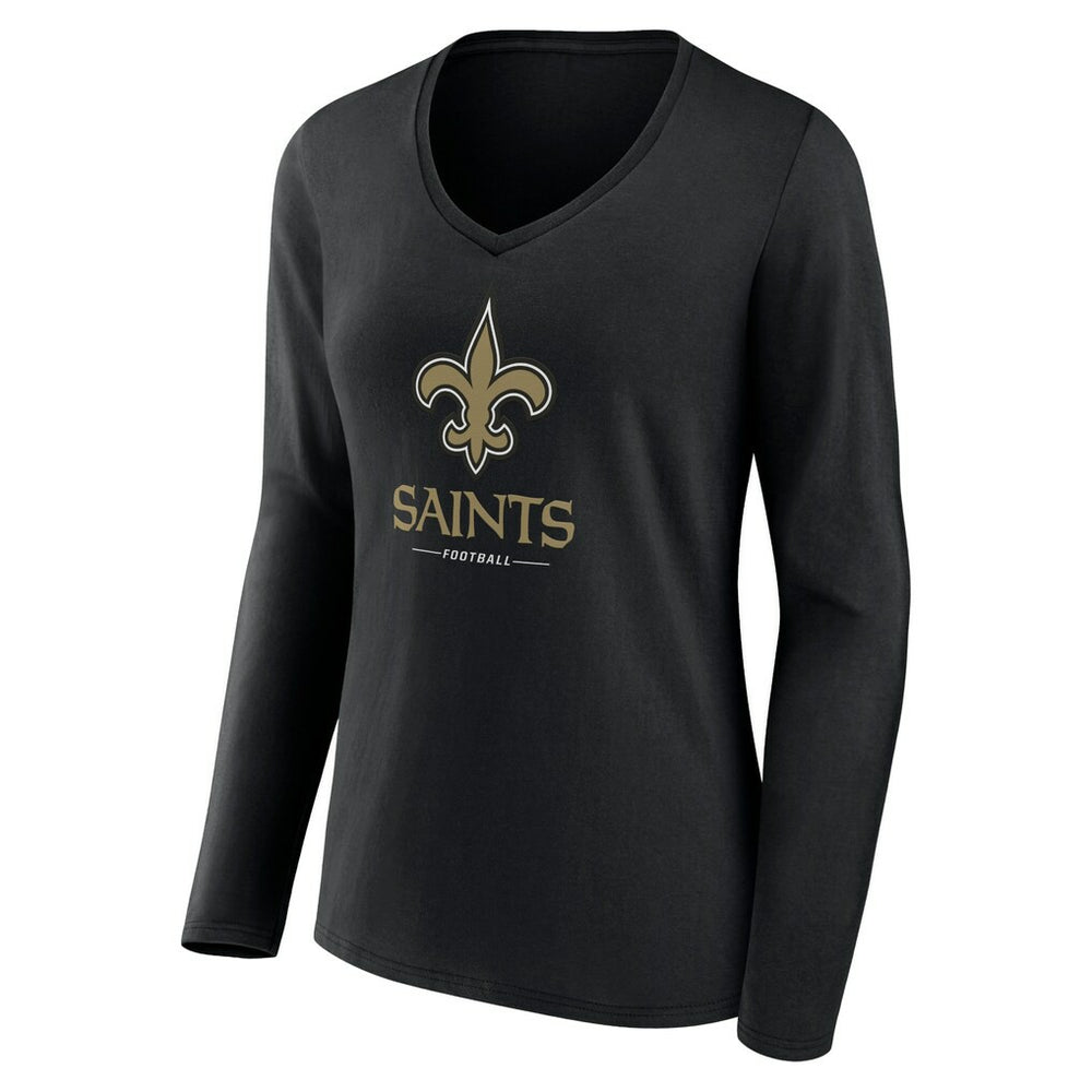 New Orleans Saints Women's Logo Team Lockup Long Sleeve V-Neck T-Shirt Black