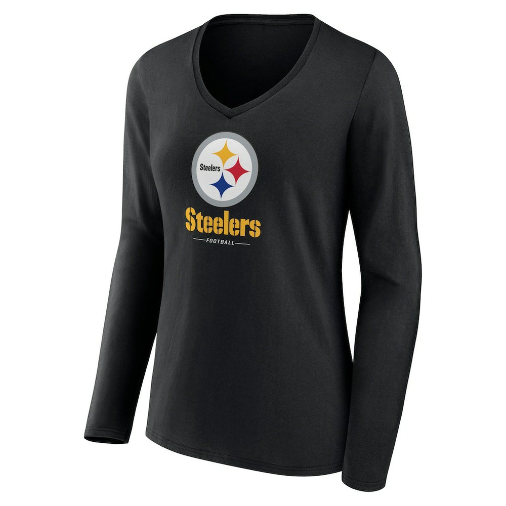 Pittsburgh Steelers Women's Logo Team Lockup Long Sleeve V-Neck T-Shirt Black