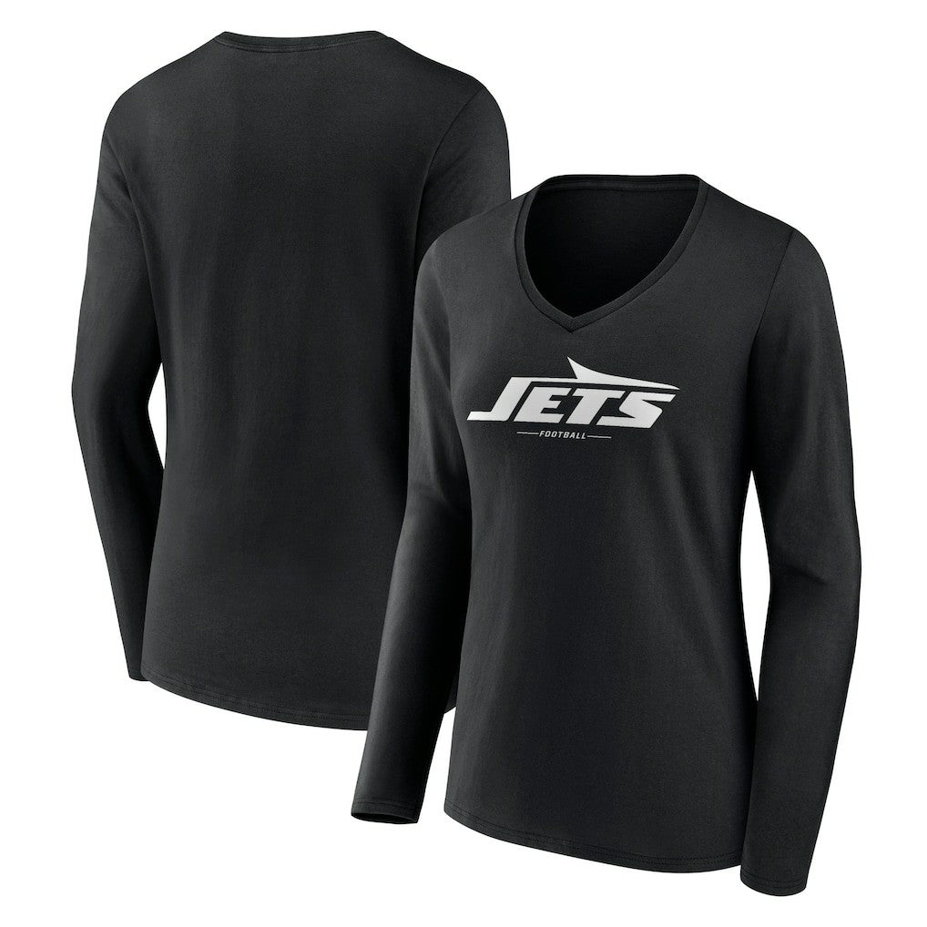 New York Jets Women's Logo Team Lockup Long Sleeve V-Neck T-Shirt Black