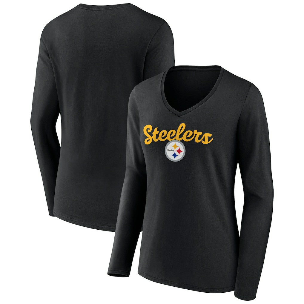 Pittsburgh Steelers Women's Freehand Team Long Sleeve V-Neck T-Shirt Black