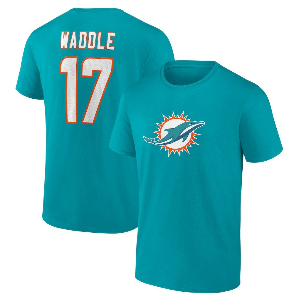 Jaylen Waddle Miami Dolphins Player Icon Name & Number T-Shirt Aqua