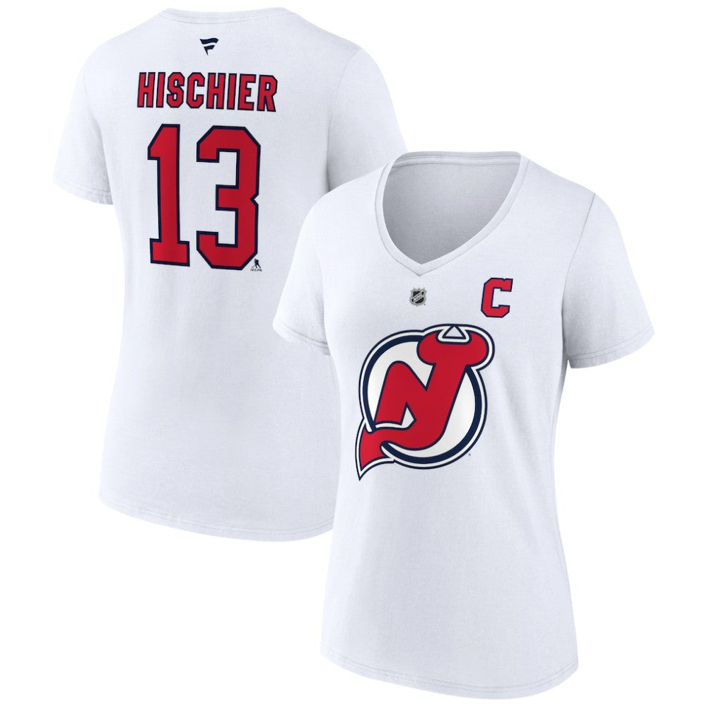 NHL Nico Hischier New Jersey Devils Fanatics Women's Special Edition 2.0 Name & Number V-Neck T-Shirt - White