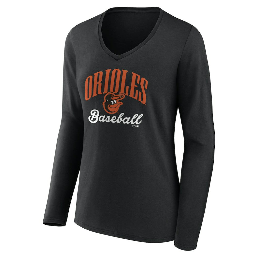 Baltimore Orioles Women's Victory Script Long Sleeve V-Neck T-Shirt - Black T-shirts
