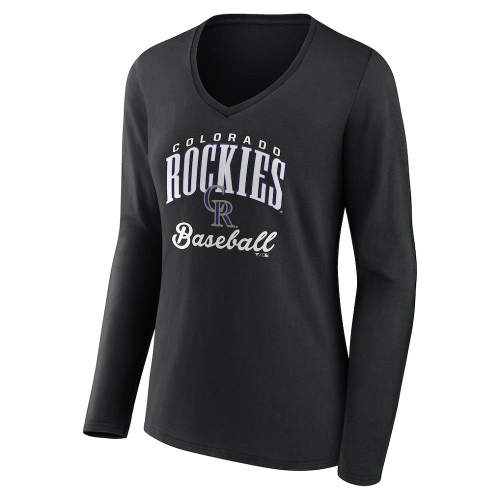 Colorado Rockies Women's Victory Script Long Sleeve V-Neck T-Shirt - Black T-shirts