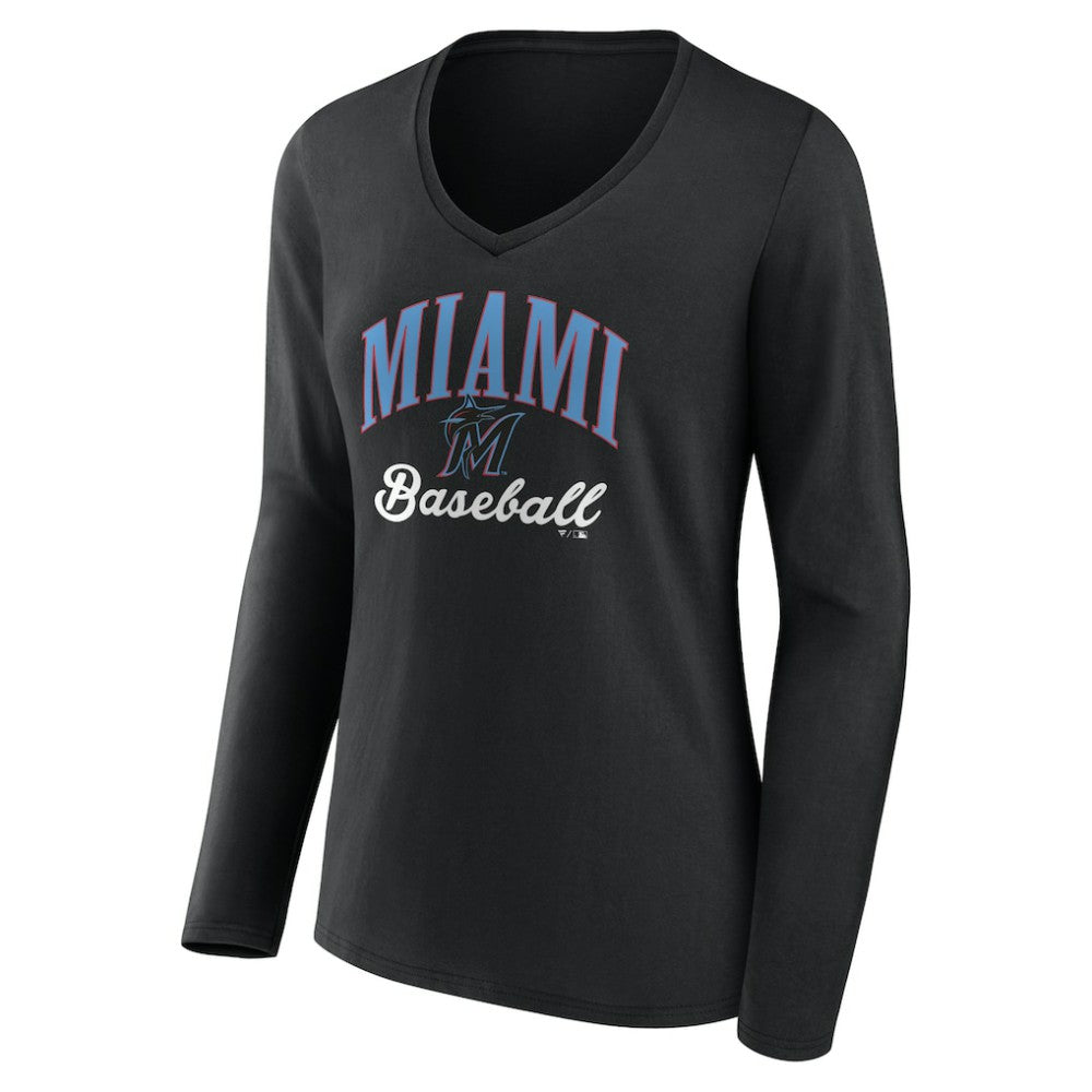 Miami Marlins Women's Victory Script Long Sleeve V-Neck T-Shirt - Black T-shirts