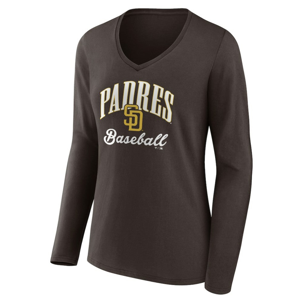 San Diego Padres Women's Victory Script Long Sleeve V-Neck T-Shirt - Brown T-shirts