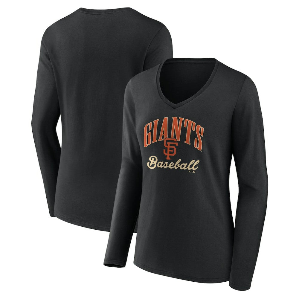 San Francisco Giants Women's Victory Script Long Sleeve V-Neck T-Shirt - Black T-shirts