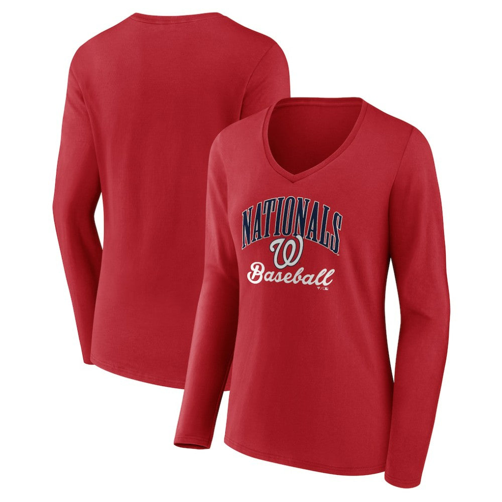 Washington Nationals Women's Victory Script Long Sleeve V-Neck T-Shirt - Red T-shirts