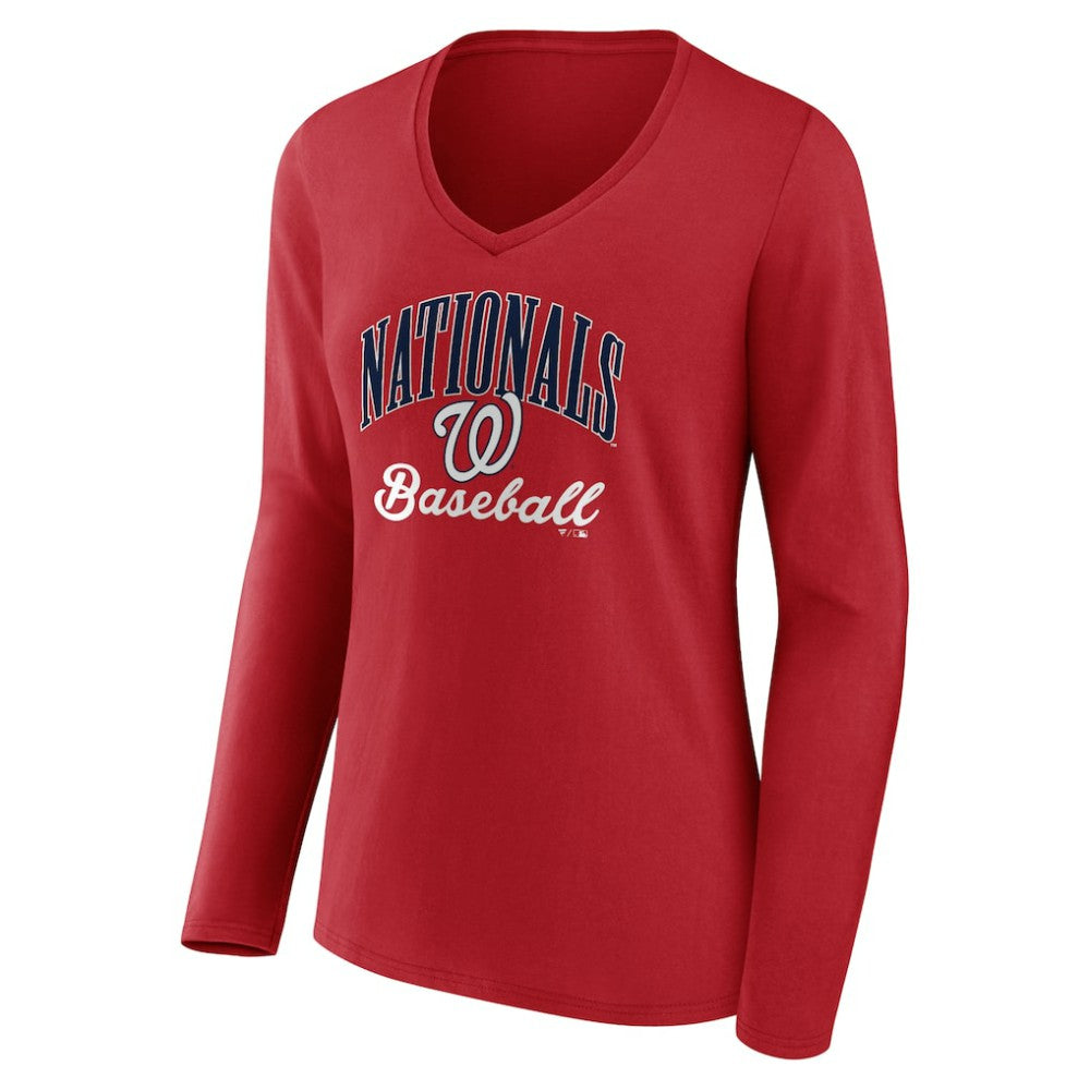 Washington Nationals Women's Victory Script Long Sleeve V-Neck T-Shirt - Red T-shirts