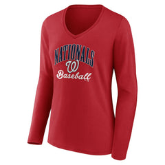 Washington Nationals Women's Victory Script Long Sleeve V-Neck T-Shirt - Red T-shirts