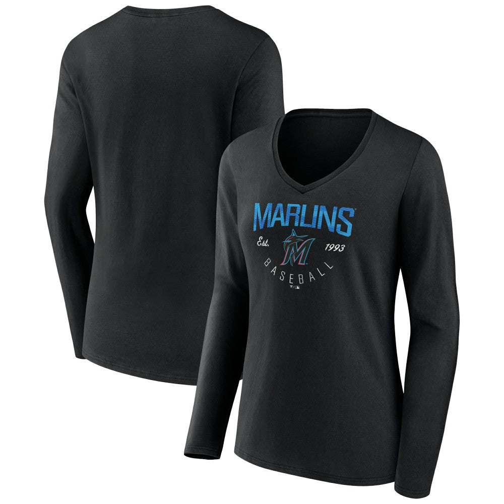 Miami Marlins Women's Live For It Long Sleeve Long Sleeve V-Neck T-Shirt - Black T-shirts